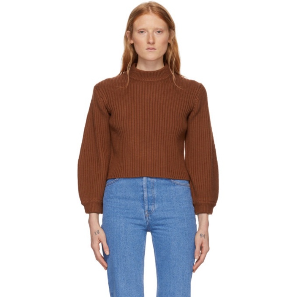 Tibi Brown Merino
Rib Slit Neck
Pullover Sweater